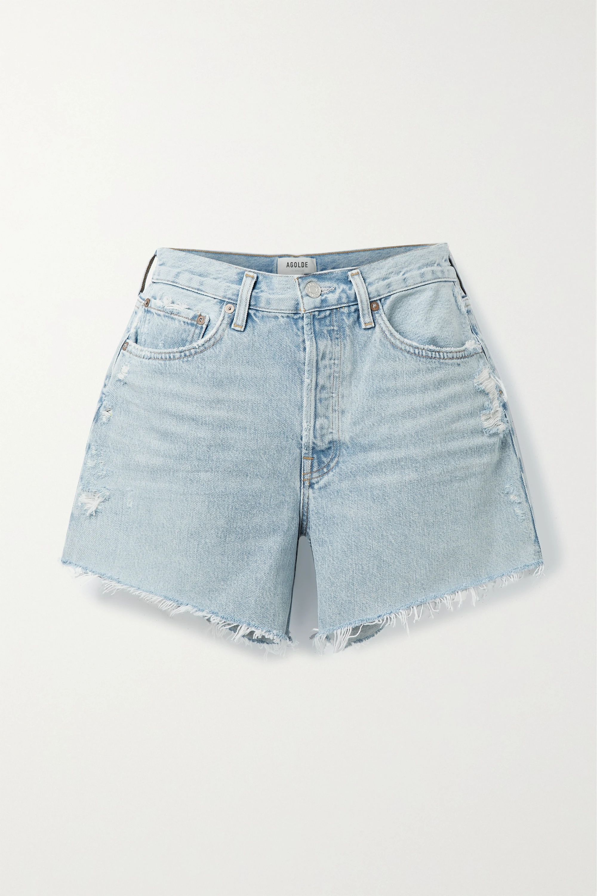 Light denim + NET SUSTAIN Long Parker distressed organic denim shorts | AGOLDE | NET-A-PORTER | NET-A-PORTER (UK & EU)