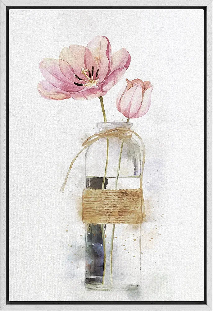 wall26 Framed Canvas Print Wall Art Watercolor Bouquet of Pink Tulips in Glass Vase Floral Botani... | Amazon (US)