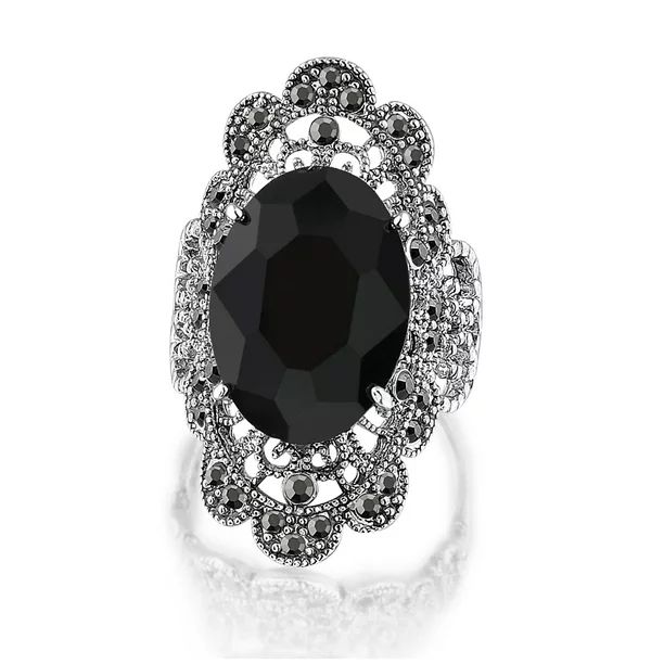 Mytys Retro Vintage Cocktail Statement Ring Black Marcasite and Crystal Rings for Women Girls Ant... | Walmart (US)