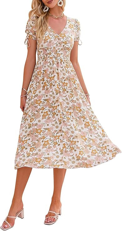 Amegoya Women's Summer Button Short Sleeve V Neck Floral Print Casual Bohemian Midi Dresses | Amazon (US)