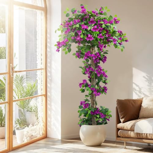 6FT Tall Bougainvillea Artificial Tree for Outdoors or Indoors, Faux Bougainvillea Tree Realistic Wood with Flowers in Plastic Pot Front Porch Plants, Home, Office, Purple | Amazon (US)