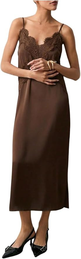 SHENHE Women's Satin Lace Slip Dress V Neck Spaghetti Strap Silky Party Dinner Dresses | Amazon (US)