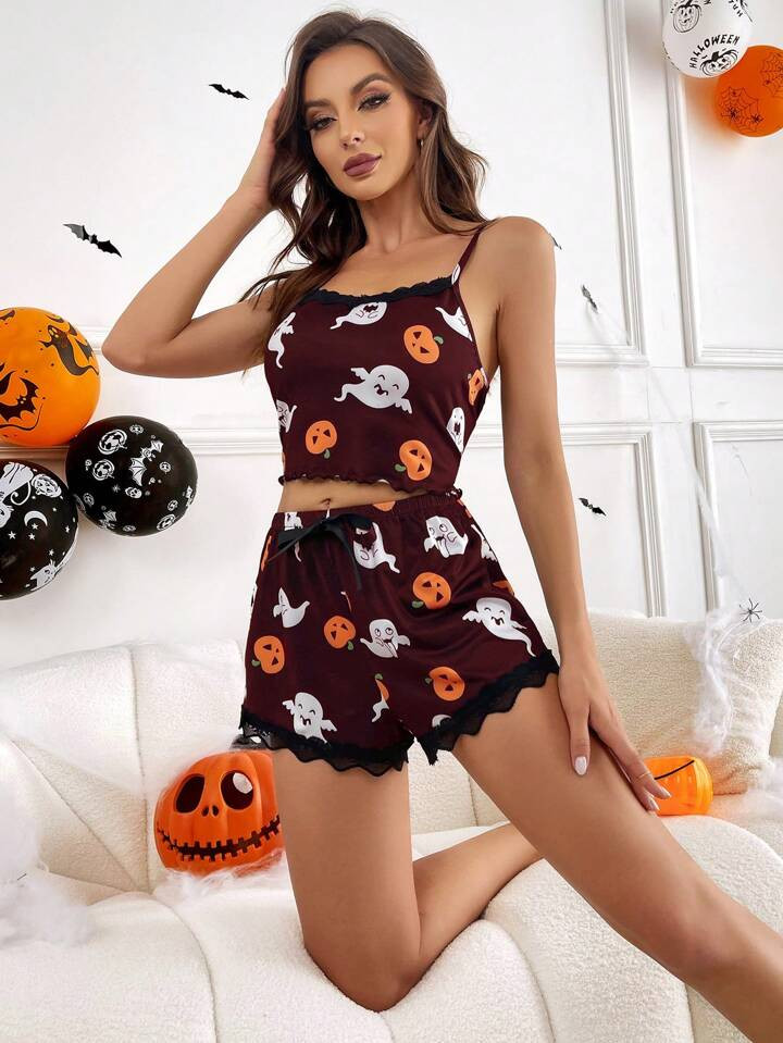 Halloween Print Lace Trim Cami Top & Shorts PJ Set | SHEIN