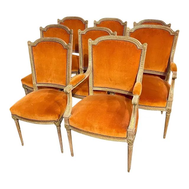 19th Century French Louis XVI Style Carved and Gilded Dining Chairs - Set of 8 | Chairish