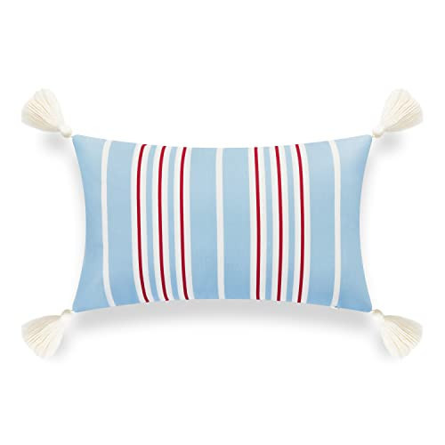 Hofdeco Premium Coastal Hampton Style Patio Indoor Outdoor Lumbar Pillow Cover Only, 12"x20" Water Resistant for Backyard, Couch, Baby Blue Red Stripe Tassel | Amazon (US)