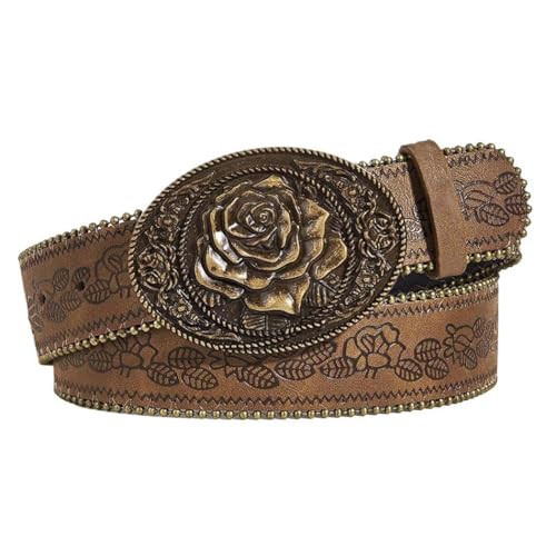 Flimire Women Western Belt with Heart Embossed Buckle Vintage Brown Belt for Jeans Pant Dress Cowgirl Cowboy Belts (Brown-Flower Buckle, Fit Waist Size:27''-33'') | Amazon (US)