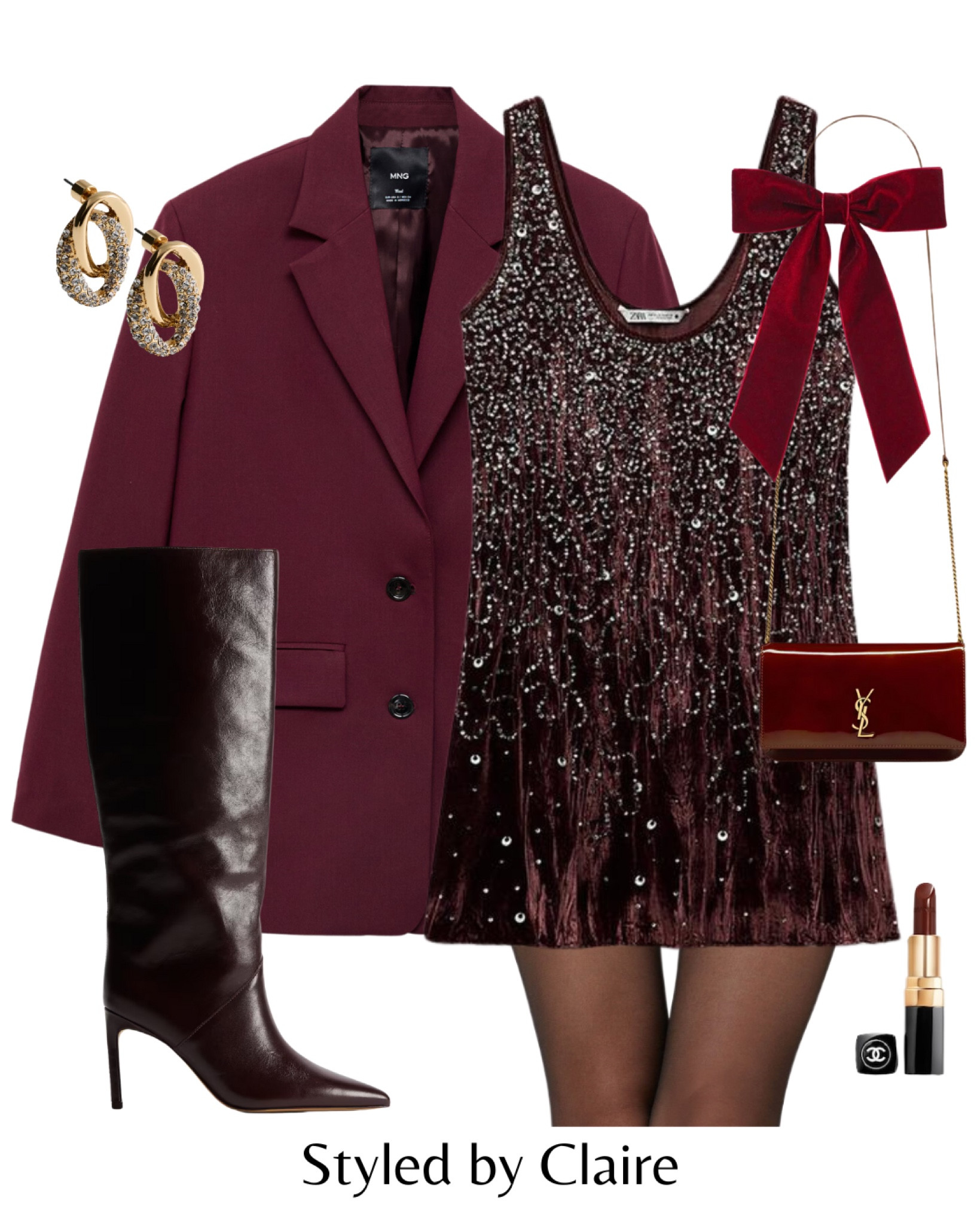 NYE 🍒 Outfit
Tags; sequin zara dress embellished burgundy blazer mango H&M knee high boots hair bow YSL patent bag earrings gold fashion Christmas party inspo outfit ideas festive wear night out new year eve dress chic women’s style

#LTKstyletip #LTKpartywear