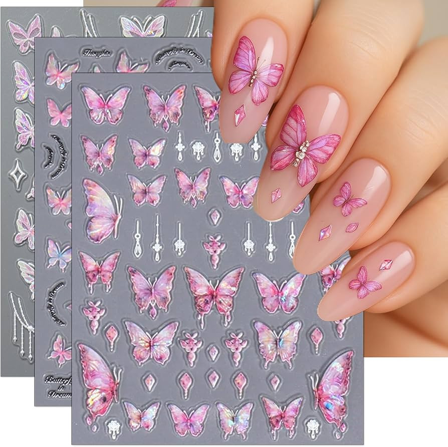 IDDFEVE Butterflies Nail Art Stickers - Laser Pink Butterflies Wing Self-Adhesive Nail Decals for... | Amazon (US)