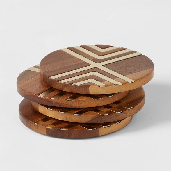 Set of 4 Coasters Natural Acacia with Gold Metal - Threshold™ | Target