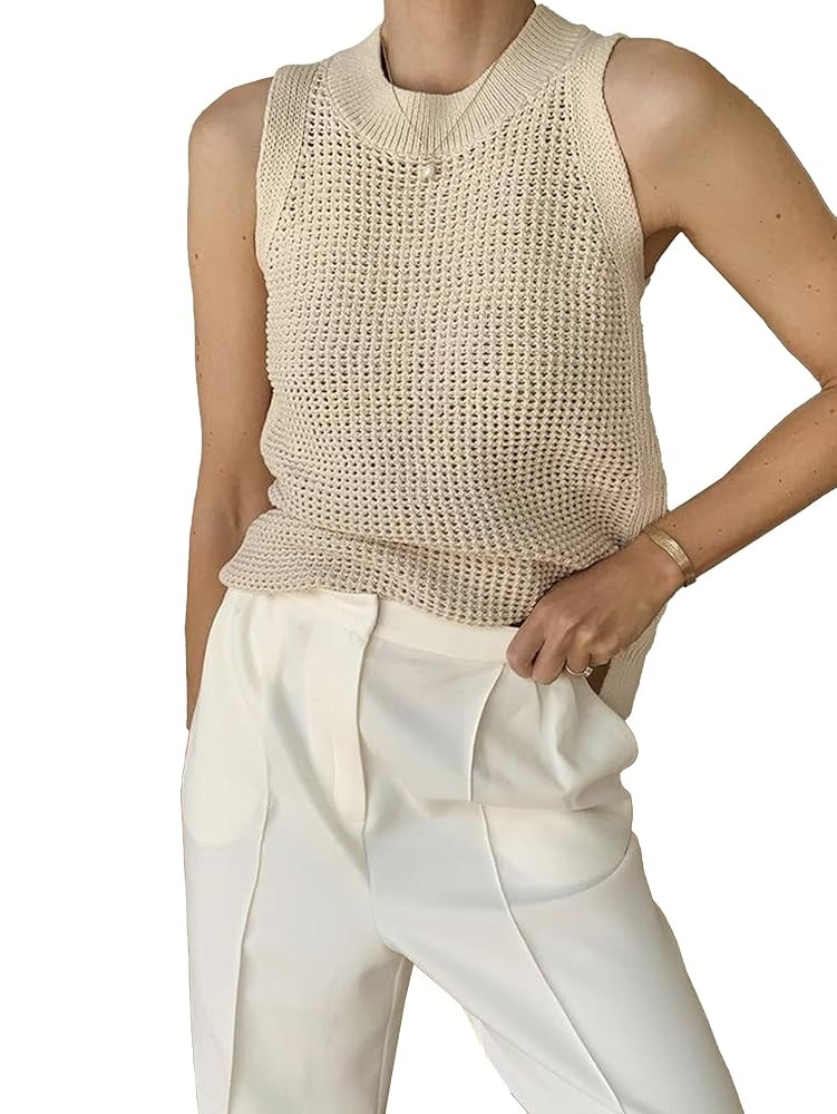 Famulily Women's Summer Knit Tank Top Sleeveless Hollow Out Tops Round Neck Crochet Knitted Cami ... | Amazon (US)
