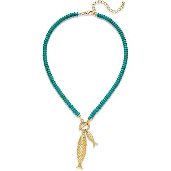 Chunky Gold Fish Pendant Necklace For Women Long Silk Scarf Turquoise Strand Necklace With Fish P... | Amazon (US)