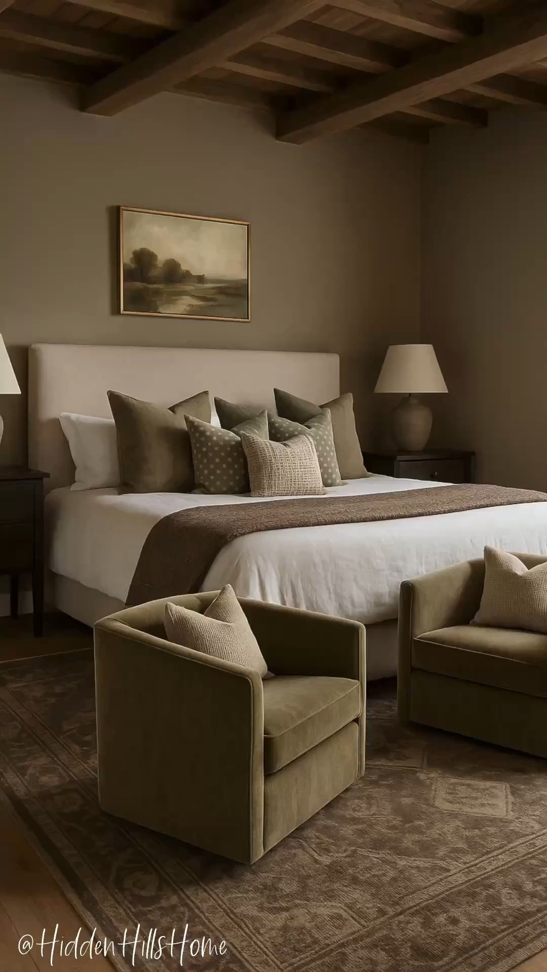 Bedroom inspiration, home decor, bedding, nightstands, bedroom rug, Moody bedroom design inspo, master bedroom mood board, modern classic bedroom mood board #bedroom