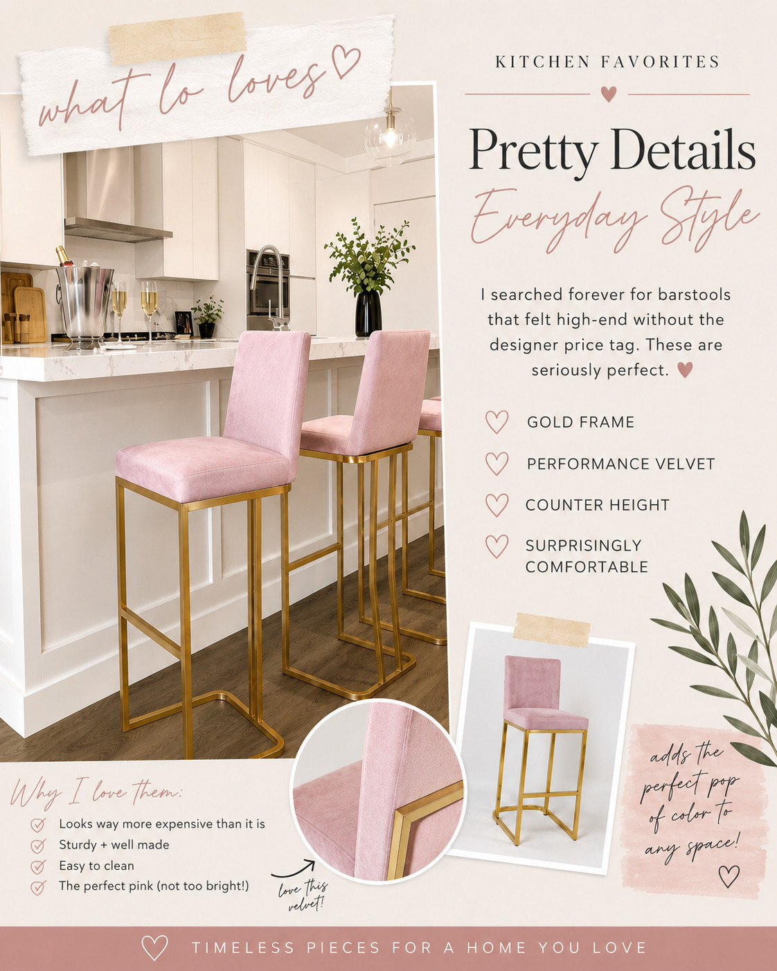 For anyone looking for chic pink velvet barstools, these are such a cute find 💕✨

Love the soft blush color, gold frame, and elevated look — they add the prettiest pop of color without feeling too bold. Such a fun way to make a kitchen or counter space feel a little more styled, feminine, and put together.

Linked these pink velvet barstools + more pretty kitchen finds here 🤍 

 #LTKHome