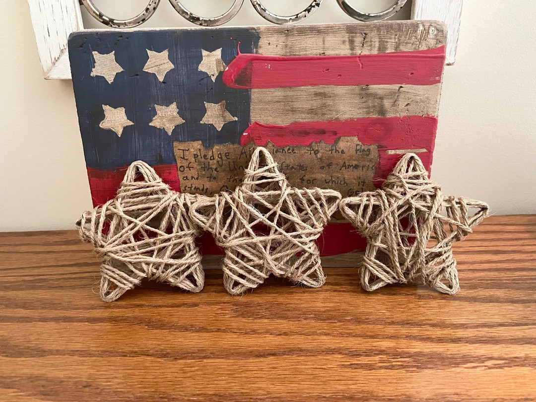 Set of Patriotic Jute Star Ornaments, Rustic Farmhouse Dough Bowl Filler, Primitive Stars for Tie... | Etsy (Global)