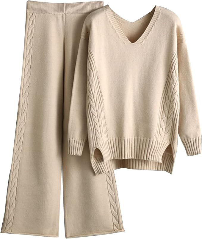 Flygo Women's Knitted Outfits Sweater Sets Pullover Jumper Long Pants 2 Piece Set Loungewear | Amazon (US)