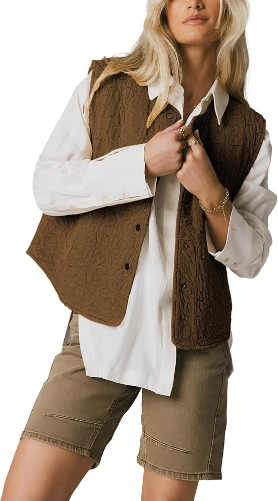 Hongsui Women's Embroidered Floral Vest Sleeveless Snap Button Quilted Gilet Outerwear Lightweigh... | Amazon (US)