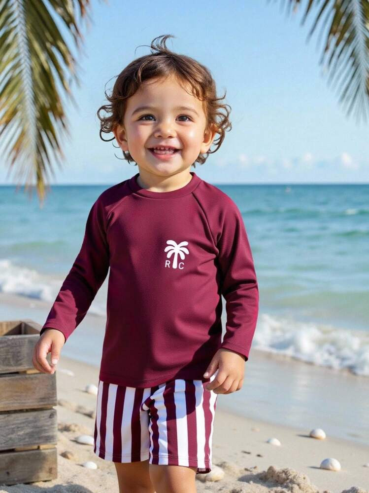 SHEIN Set De 2 Piezas De Ropa De Baño Casual De Moda Para Niños, Pantalones De Baño A Rayas + Parte Superior De Unicolor, Adecuado Para Nadar, Hacer Surf, Playa, Vacaciones | SHEIN
