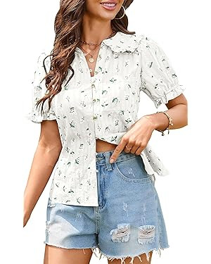 ECOWISH Women's Button Up Shirt - Peter Pan Collar Frilled Short Sleeve Summer Tops Casual Cotton... | Amazon (US)