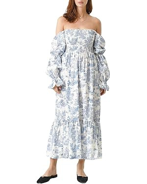Women Bohemian Floral Puff Sleeve Long Dress Elegant Square Neck Embroidered A Line Maxi Dress Sw... | Amazon (US)