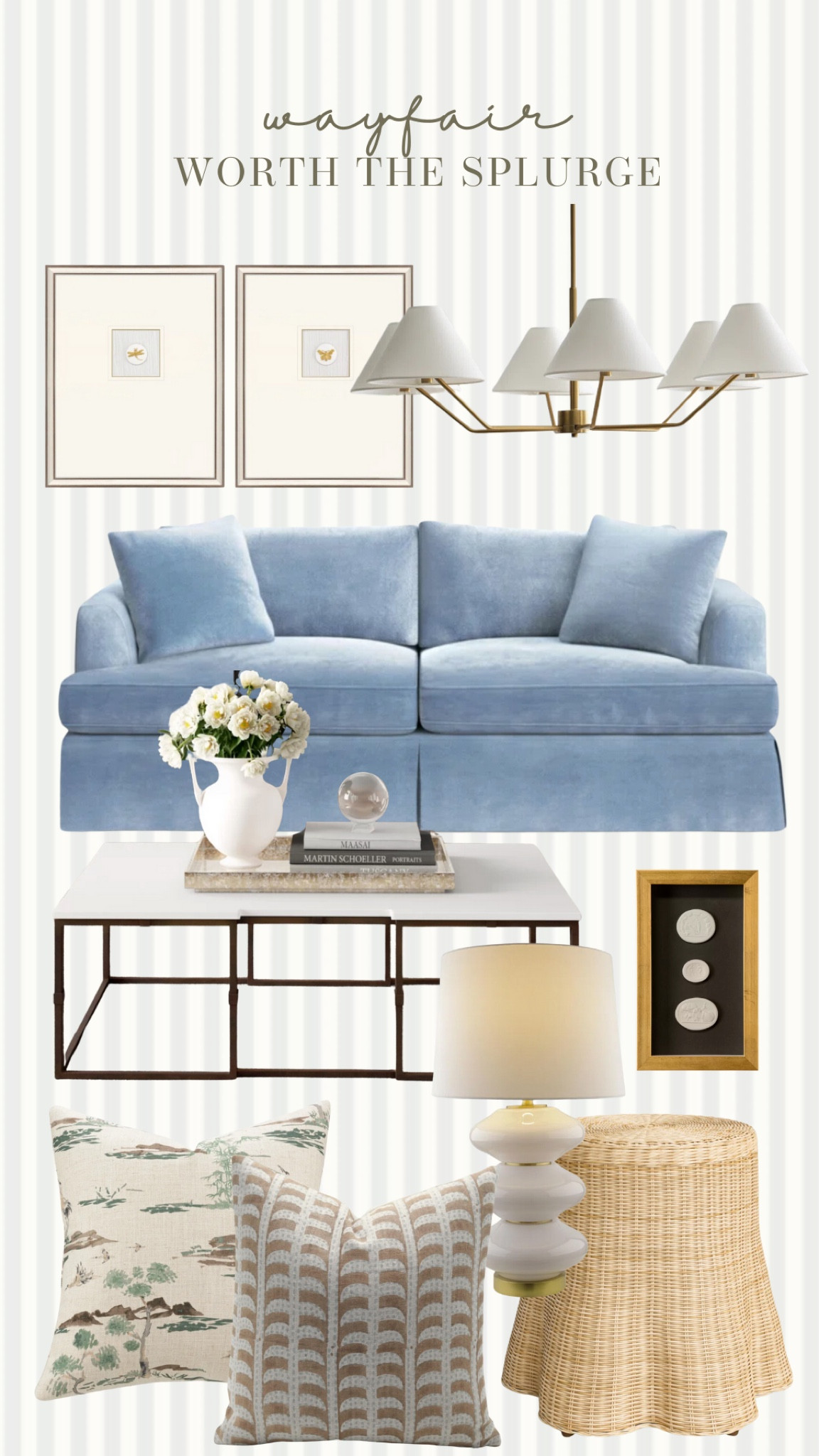 This blue velvet sofa has a chokehold on me! Paired with my favorite coffee table (own and love) it’s indestructible! Love this chandelier and scalloped side table with these fun throw pillows! 

#LTKStyleTip #LTKHome