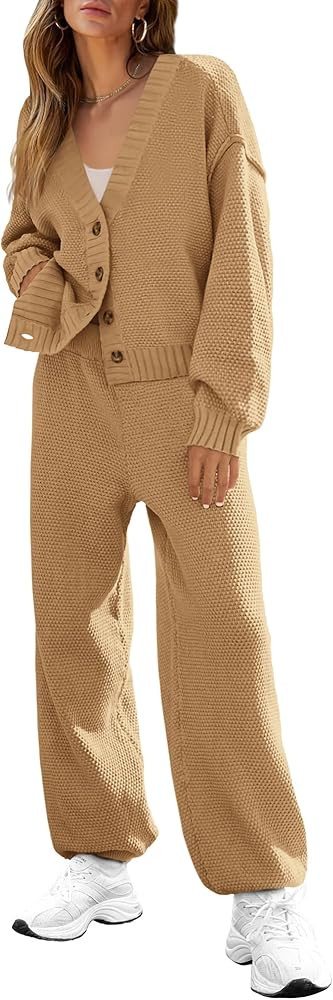 BTFBM Women 2 piece Outfits Fall Knit Sweater Sets Loose Casual Button Down Cardigan Long Pants M... | Amazon (US)