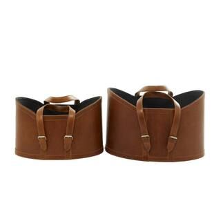 Litton Lane Brown Leather Modern 15 in. and 14 in. Storage Basket (Set of 2) 041365 | The Home Depot