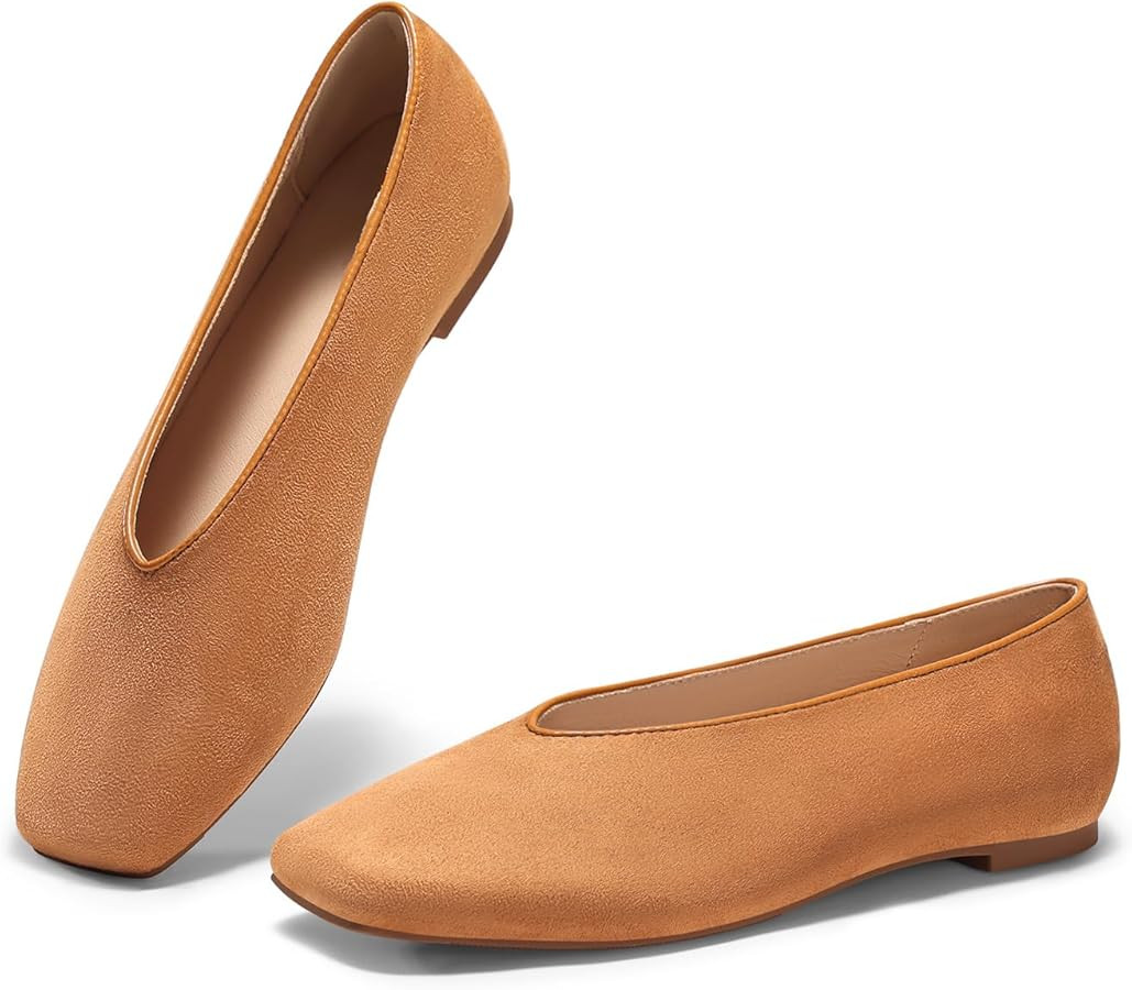 Coutgo Womens Ballet Flats Comfortable Closed Square Toe Flats Slip On Suede Work Dress Shoes | Amazon (US)