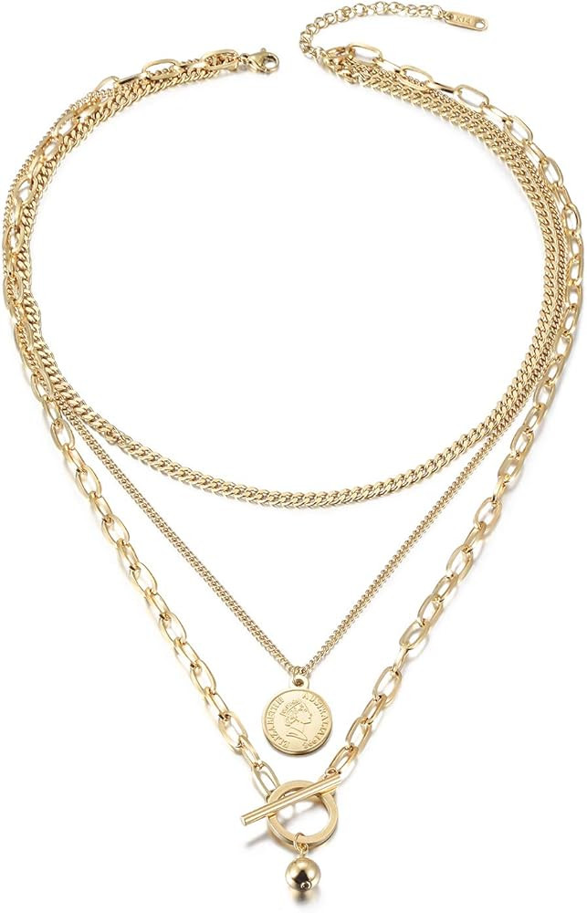 Jinbaoying Gold Coin Necklace for Women Vintage Carved Coin Pendant Necklace 14K Gold Plated Chai... | Amazon (US)