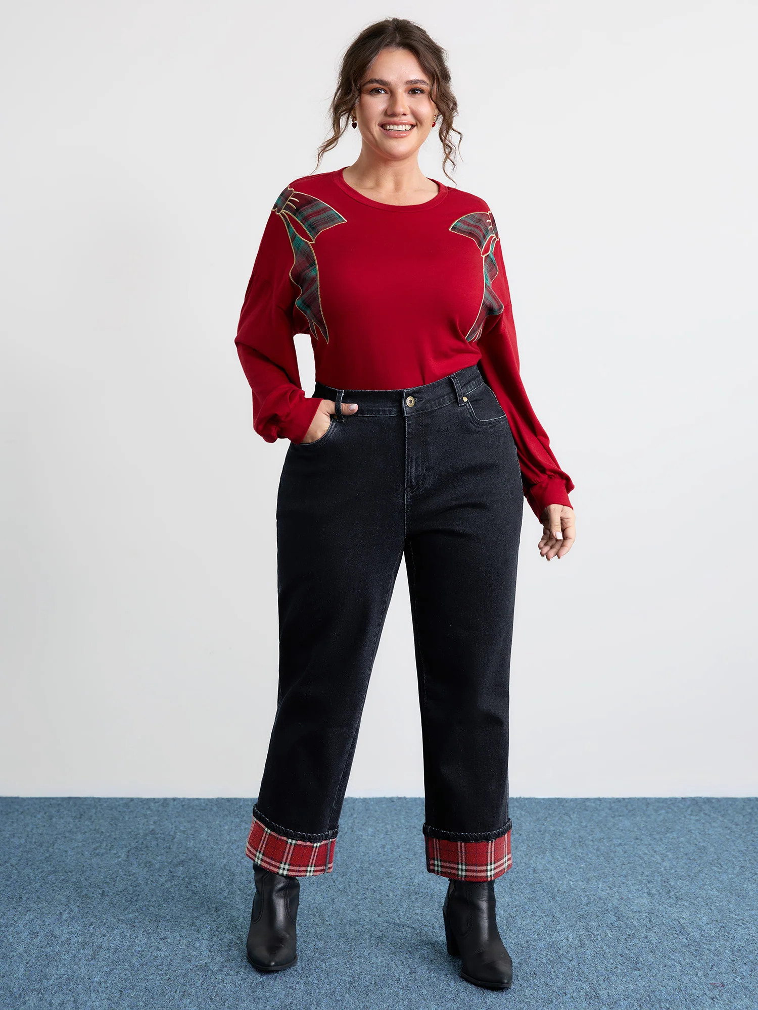 Stretchy Plaid Straight-Leg Jeans | Bloomchic