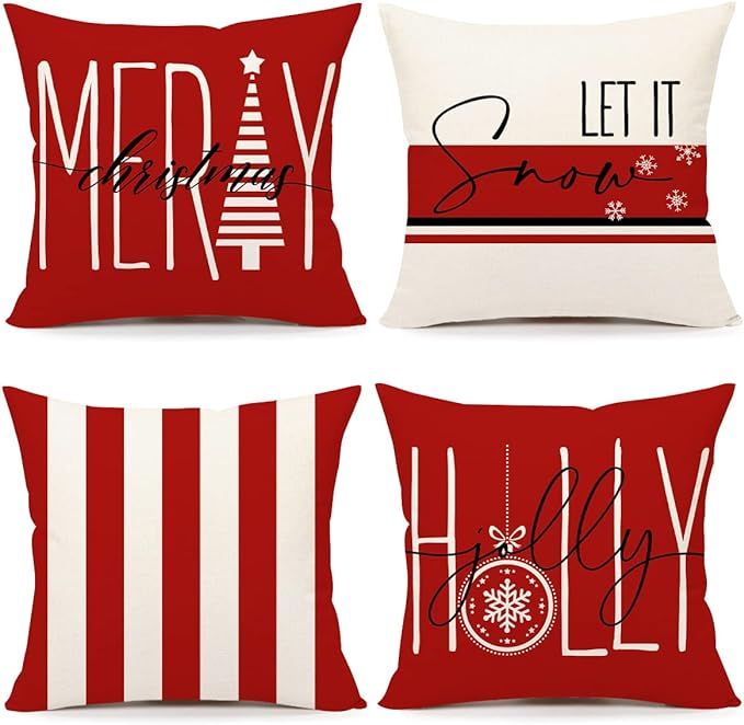 4TH Emotion Red Christmas Pillow Covers 18x18 Set of 4 Farmhouse Christmas Decorations Let It Sno... | Amazon (US)