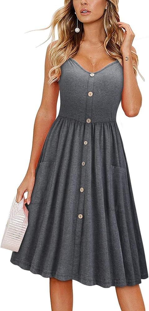 Women's Summer Dress Spaghetti Strap Button Down Sundress with Pockets | Amazon (US)