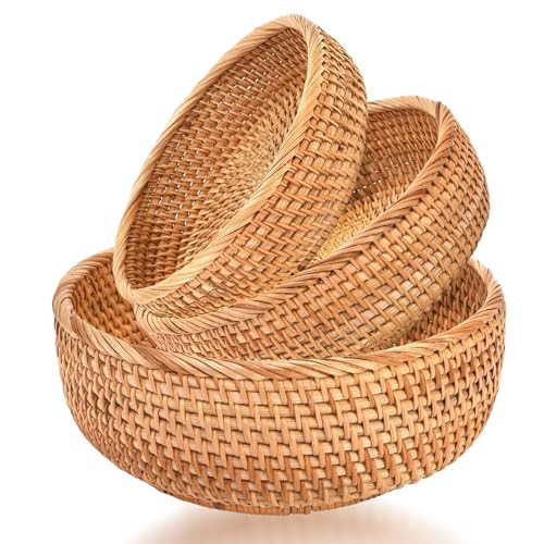 Round Rattan Bread Baskets for Serving Hand Woven Wicker Fruit Basket for Table Set of 3 Fruit Bowl for Kitchen Counter | Amazon (US)