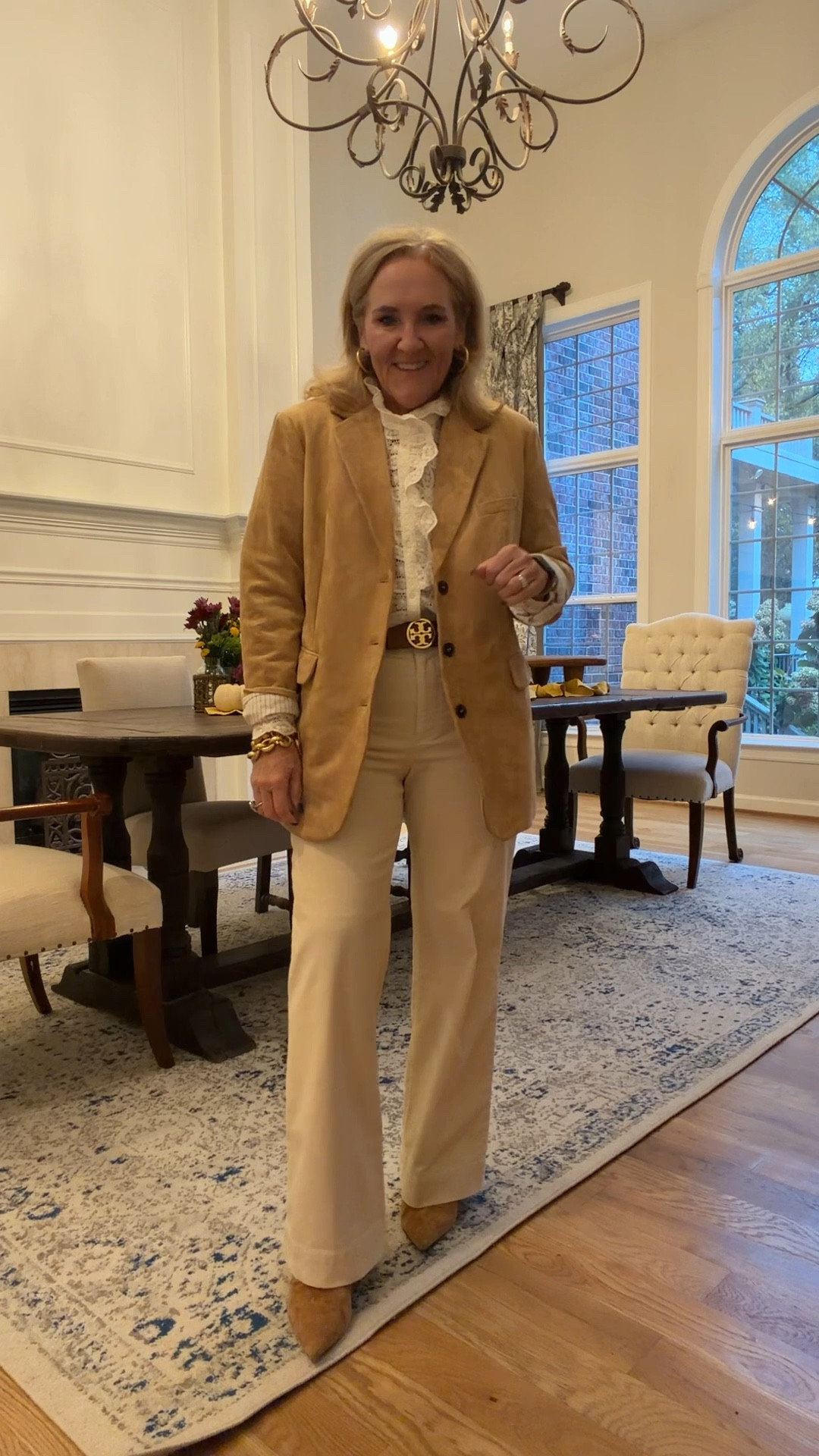 @anthropologie 30% off code NANETTE30
Blouse size 10
Pants are corduroy size 28 regular 
Faux suede blazer size medium petite. Petite are home. Try sizing down! It’s supposed to be oversized. 
