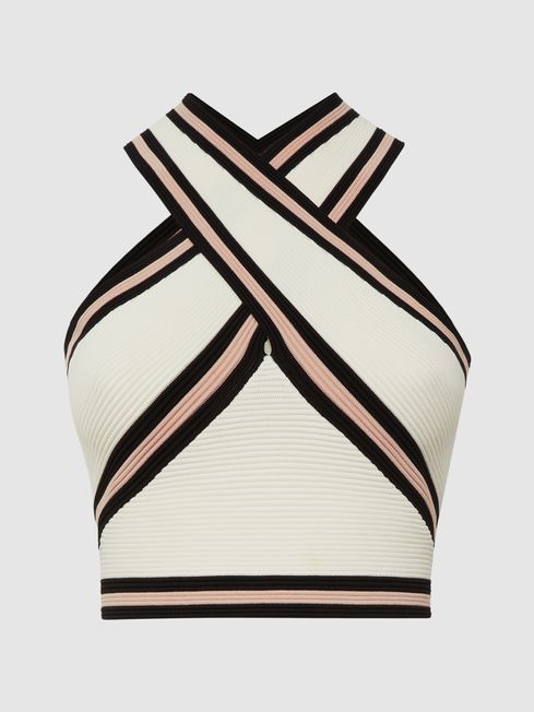 Reiss Ivory Darla Knitted Halter Neck Colourblock Crop Top | Reiss US