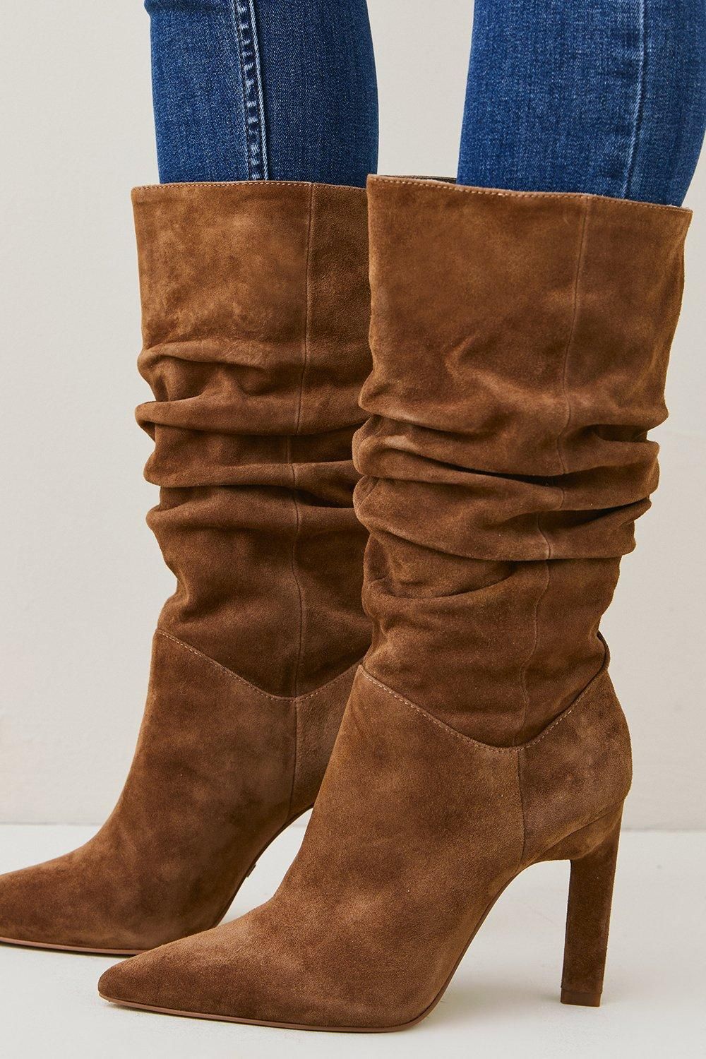 Suede Mid Calf Slouch Heeled Boot | Karen Millen US