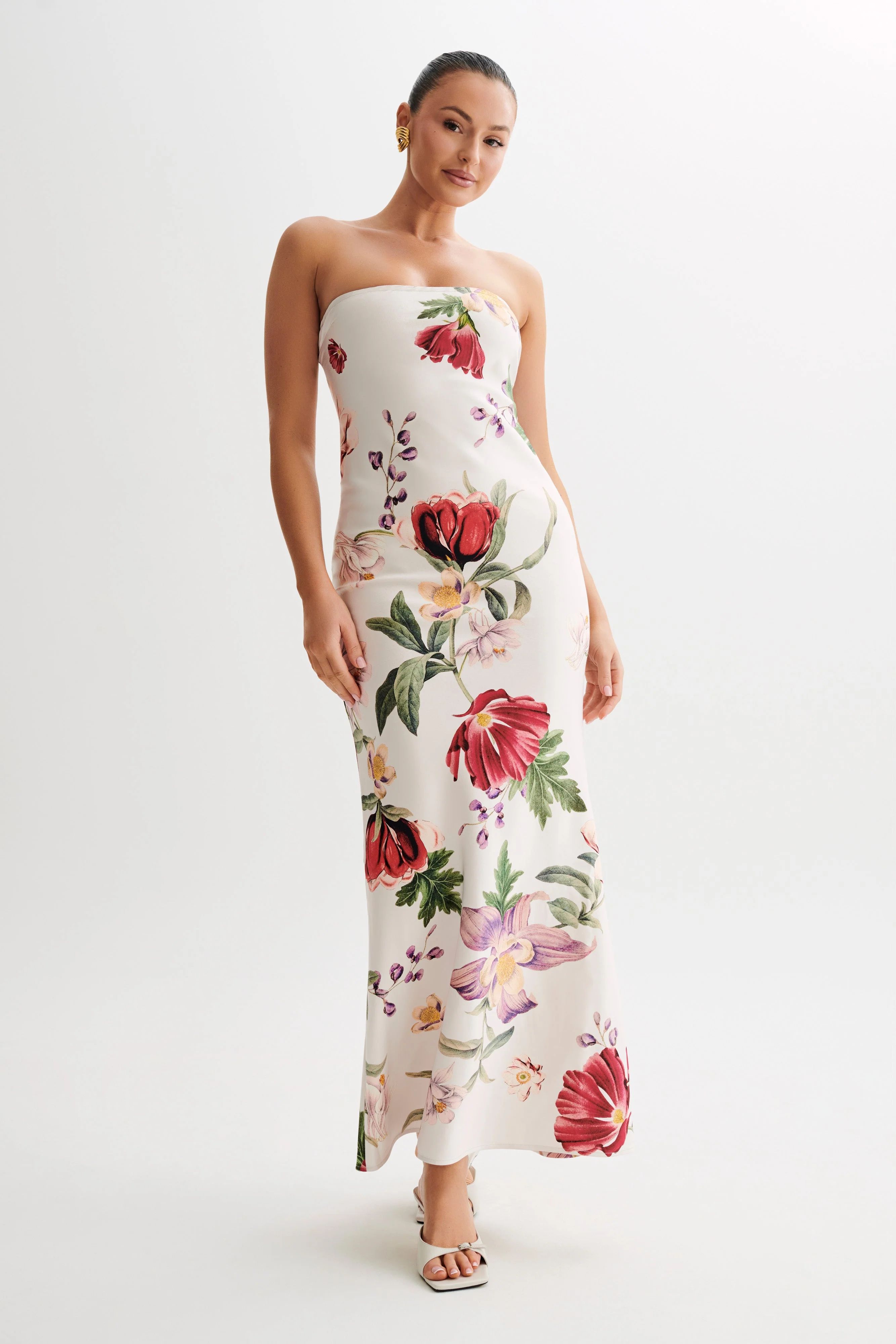Claudette Strapless Satin Maxi Dress - Bella Rosa Print | MESHKI US