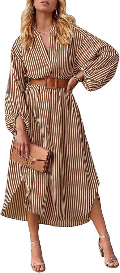 Shirt Dresses for Women 2025 Striped Fall Long Sleeve V Neck Midi Dress Loose Business Casual Shi... | Amazon (US)