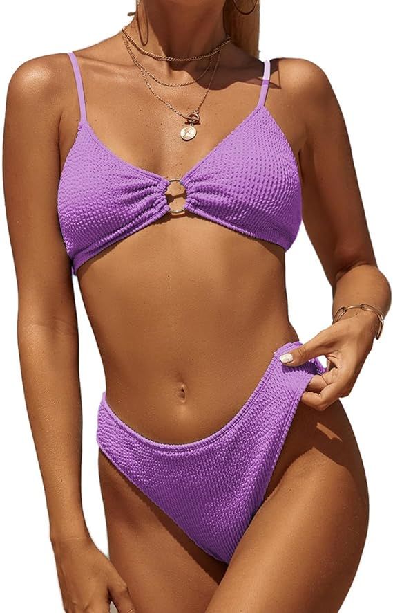 Women's Ribbed Bikini Sets Two Piece Swimsuit Mid Waist O Ring Front Adjustable Spaghetti Straps ... | Amazon (US)