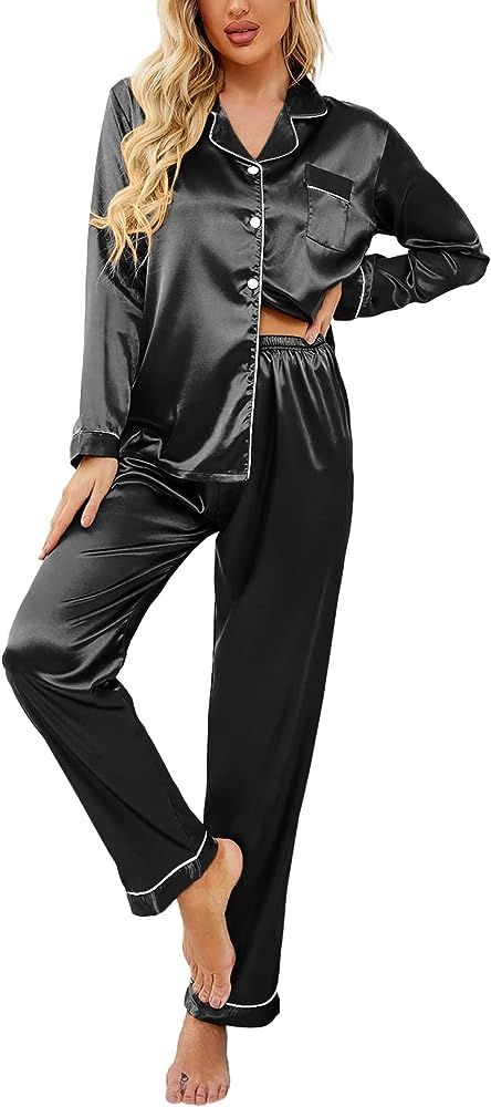 Ekouaer Women's Classic Button Down Long Satin Silk Pajama Set | Amazon (US)