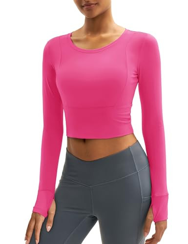 MAGCOMSEN Cropped Long Sleeve Tops for Women Slim Fit Workout Sport Exercise Running Shirt Fall Thumb Hole Rose Red S | Amazon (US)