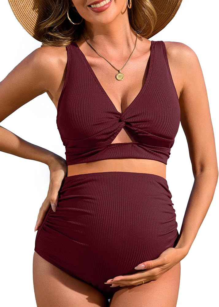 Charmo Maternity Swimsuit Ribbed High Waist Pregnancy Bikini Sets Twist Cutout Front Two Piece Ba... | Amazon (US)