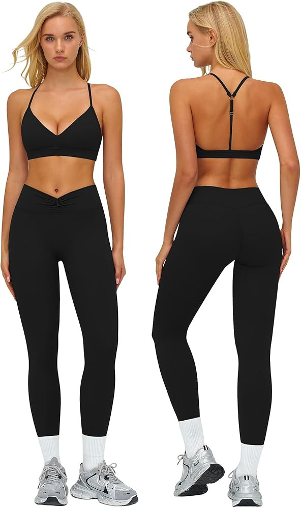 ABOCIW Womens Workout Sets V Neck Y Back Sports Bra Tummy Control High Waist Leggings 2 Piece Gym Yoga Pilates Outfits | Amazon (US)