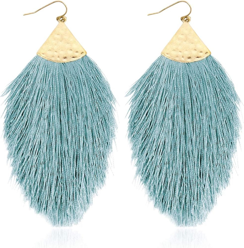Bohemian Silky Thread Fan Fringe Tassel Statement Earrings - Lightweight Strand Feather Shape Dangle | Amazon (US)