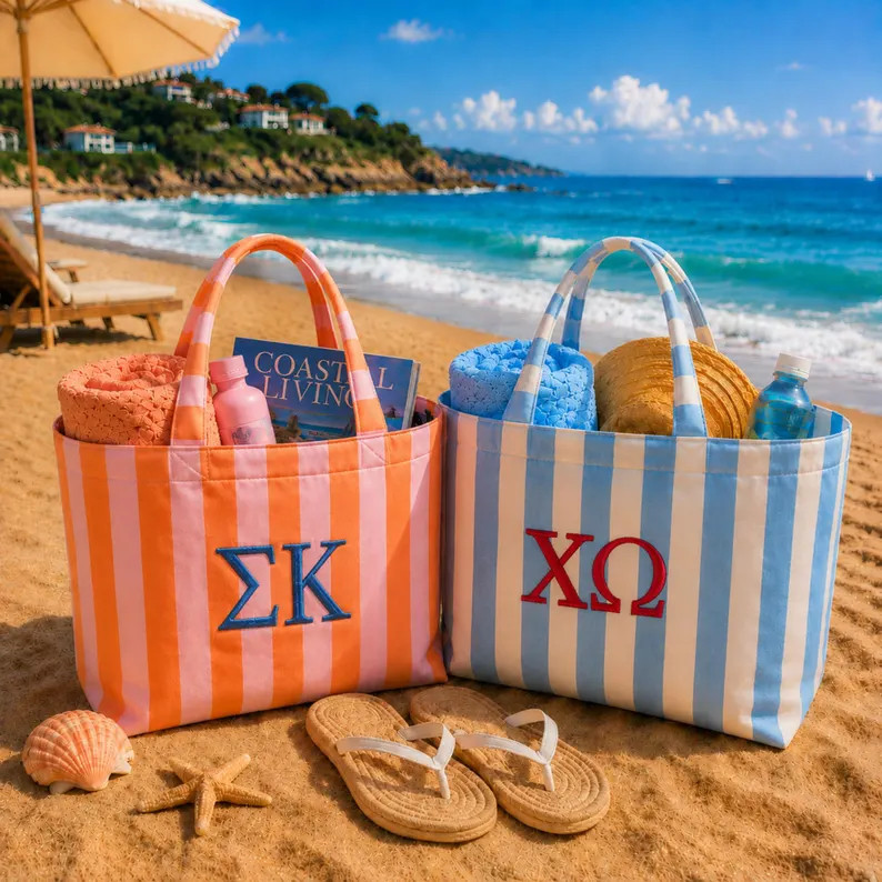 Embroidered Sorority  Tote Bag, Embroidered Greek Letters Tote Bag, Striped Beach Tote, Personali... | Etsy (Global)