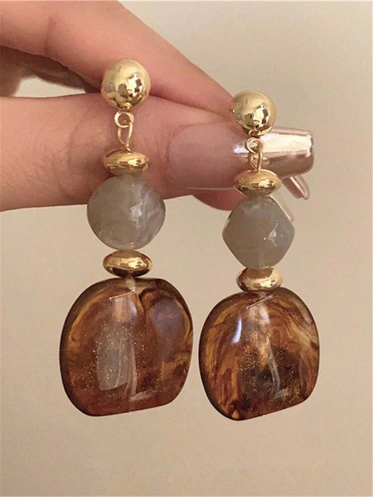 1 Pair Vintage Asymmetrical Tie Dye Acrylic Long Pendant Earrings For Women, European And American Style, Suitable For Party, Banquet, Travel, Wedding, Vacation, Daily Wear, Jewelry Gift | SHEIN