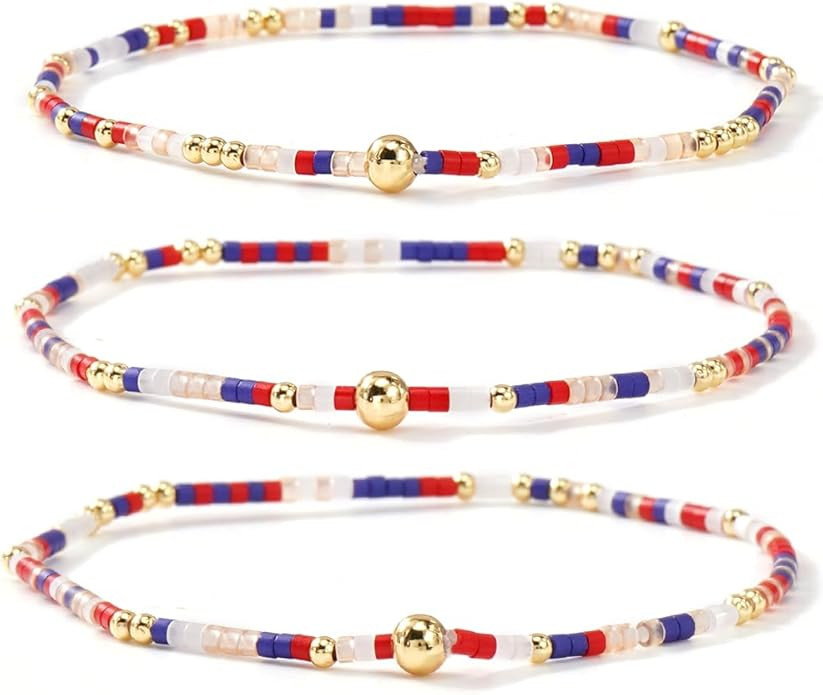 Dainty Gold Plated Tiny Ball Colorful Rice Beaded Stack Bracelets Sets for Women,3Pcs Stackable S... | Amazon (US)