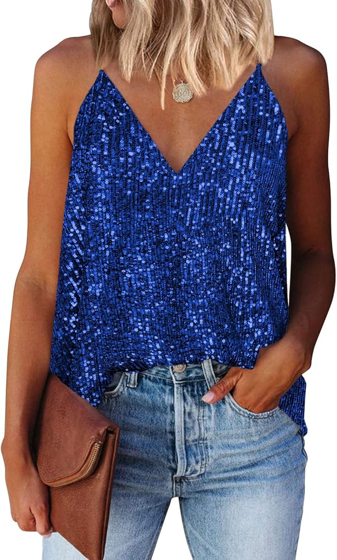 miduo Womens Tank Tops Casual Fashion V Neck Strappy Sequin Sparkle Shimmer Camisole Sleeveless T... | Amazon (US)