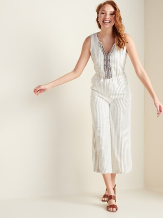 Linen-Blend Pinstripe Sleeveless Jumpsuit for Women | Old Navy (US)
