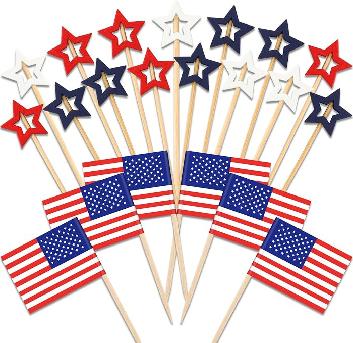 180Pcs 4th of July Red White Blue Cupcake Toppers, Patriotic Star Toothpicks American Flags Cockt... | Amazon (US)