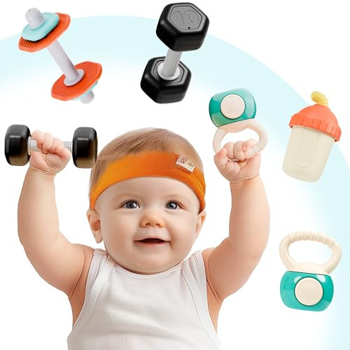 iPlay, iLearn Baby First Gym Rattle Set, Infant Dumbbell Weights Teething Rattles 3-6-12 Month, Newborn Workout Sensory Stroller Toy, Babies Birthday Shower Gift 5 7 8 9 10 Month Toddler Boy Girl-4PCS | Amazon (US)